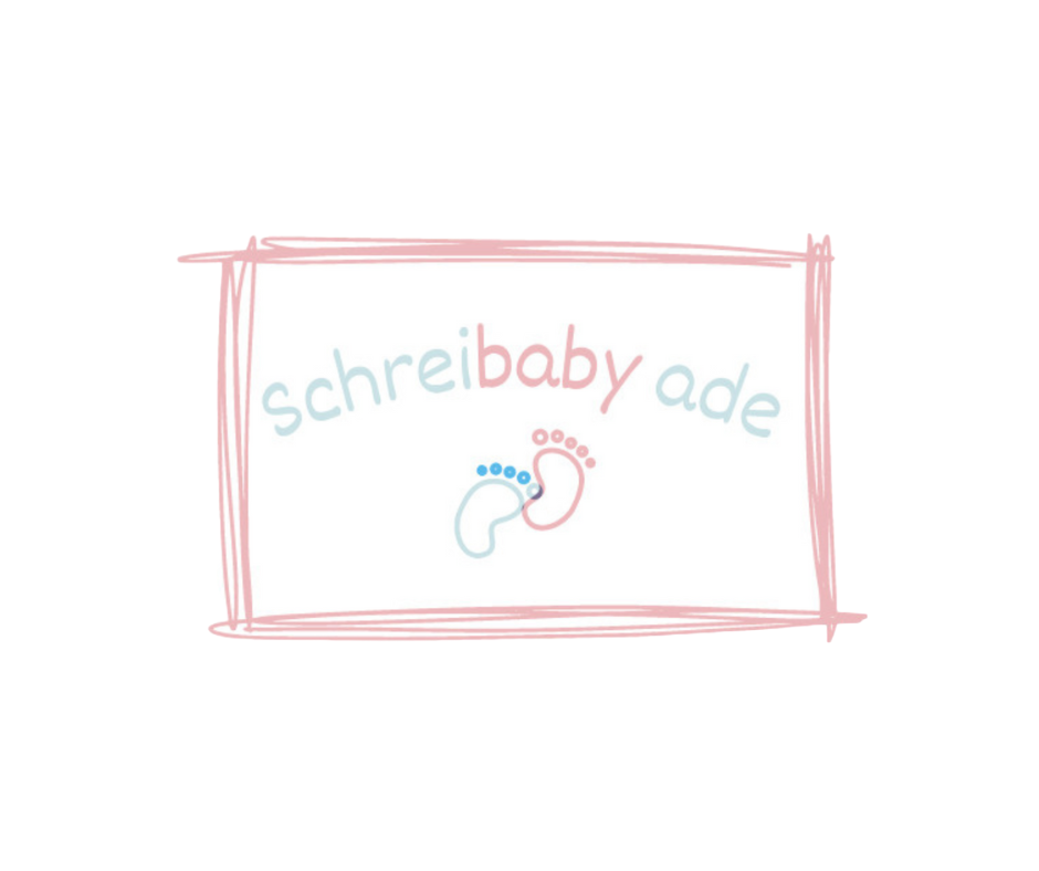 Illustration mit pink gerahmtem Text 'Schreibaby ade' und Babyfüßchen-Logo