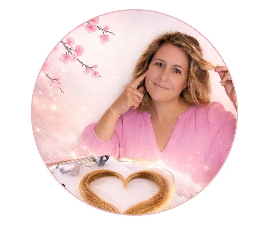 Porträt von Cornelia Spenlinger-Christoph, Schlafberaterin und Coach in Rosa mit Herz-Haarschmuck