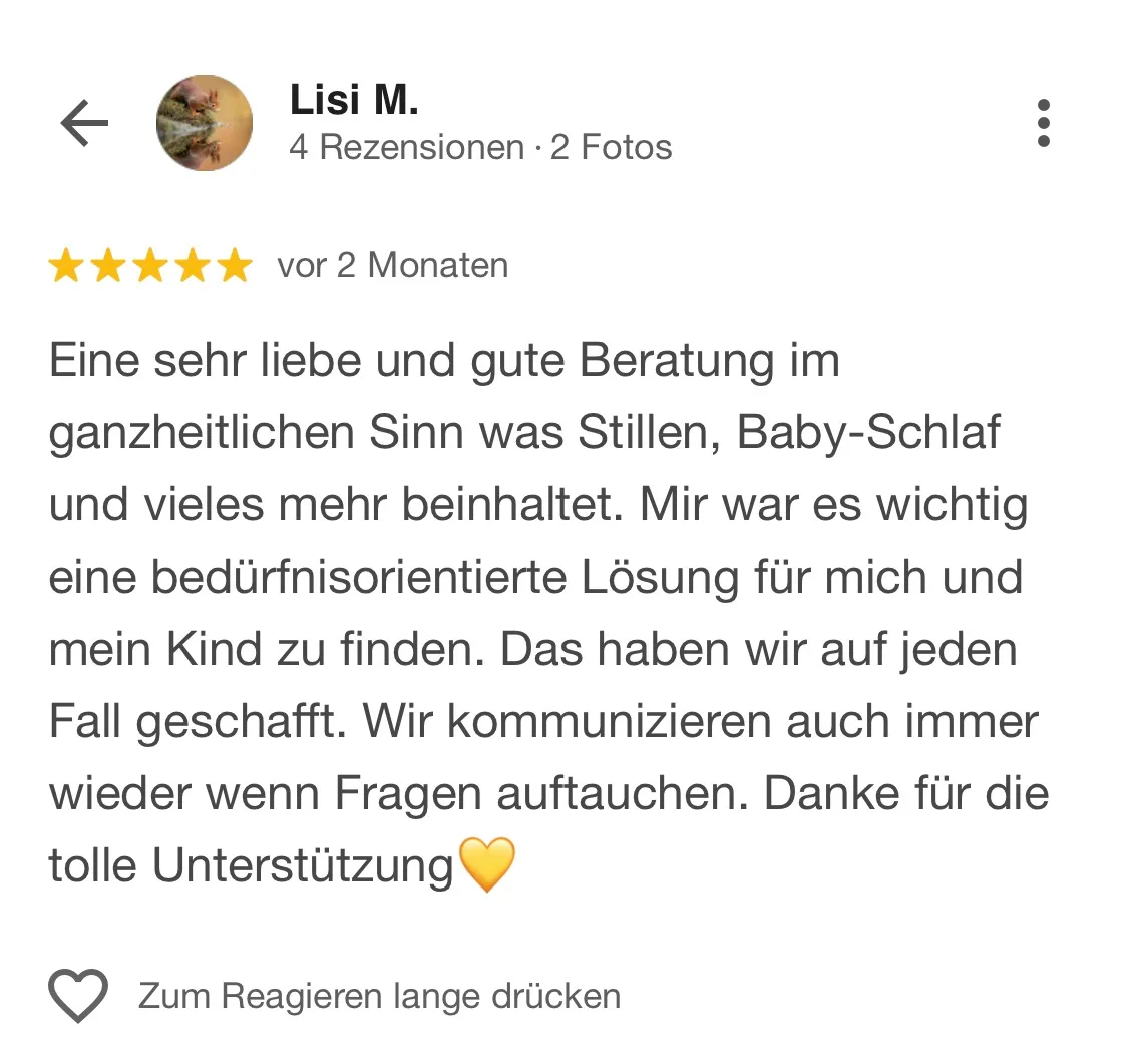 Google-Rezension von Lisi M. mit 5 Sternen über Schlafberatung und Baby-Coaching