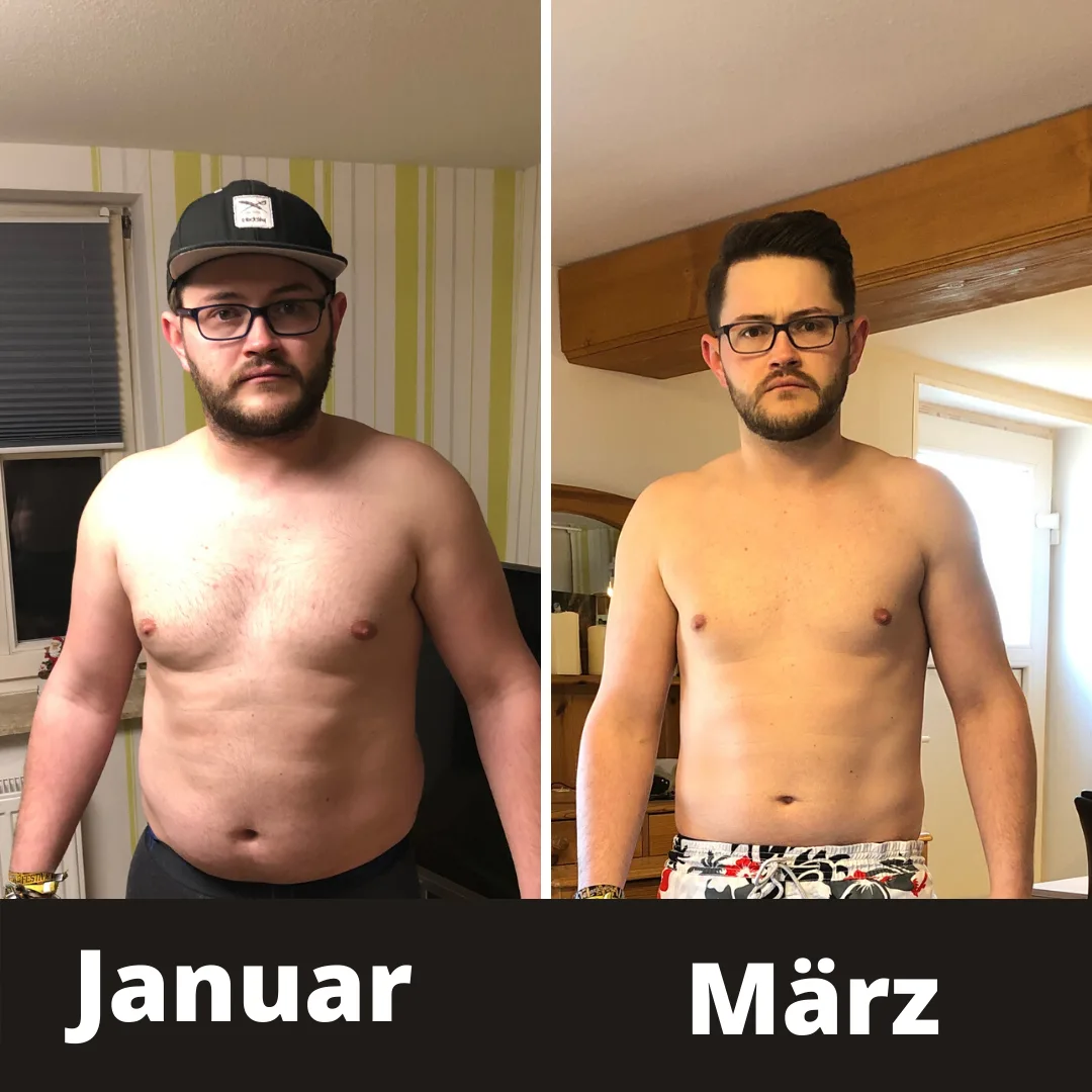 Vorher-Nachher Transformation von Daniel, Januar und März, Gewichtsverlust und Muskelaufbau
