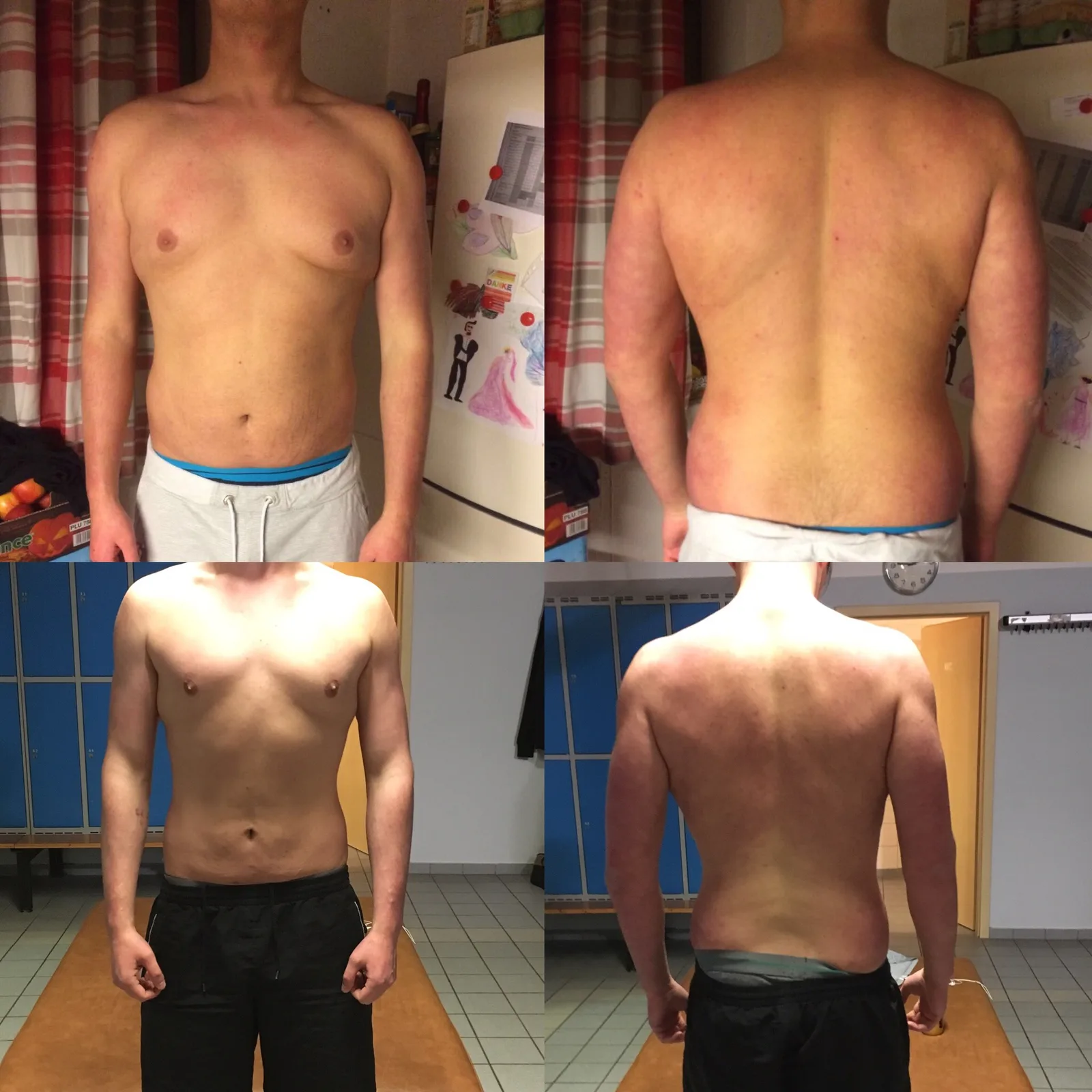 Vierteilige Vorher-Nachher Transformation von Paul, Frontansicht und Rückansicht, Gewichtsverlust und Muskelaufbau