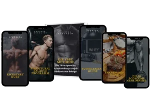 Cover Mock-Up YBPC Methode mit sechs Smartphone-Displays nebeneinander, verschiedene Kurse und Guides für Bodybuilding und Er