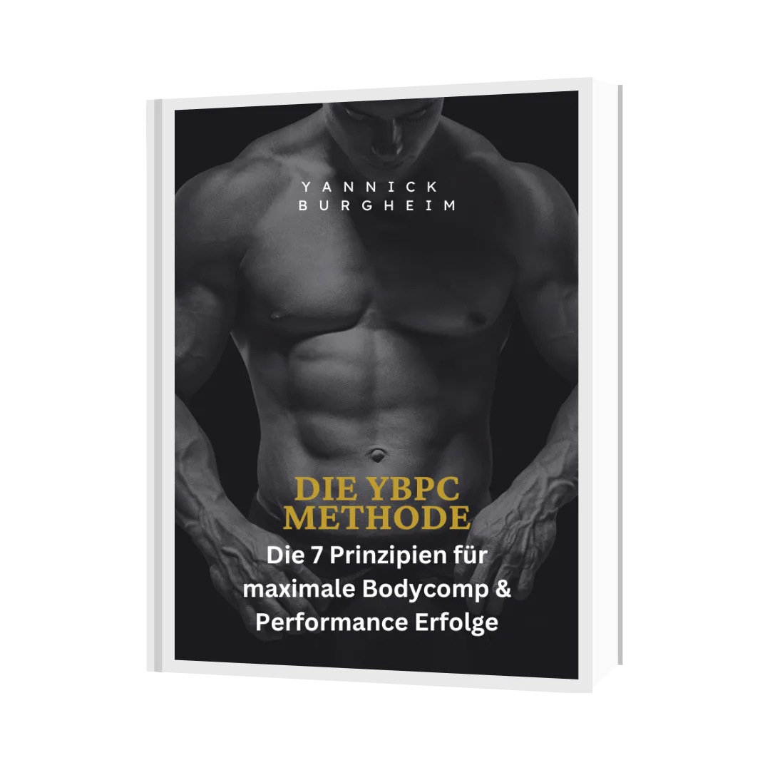 E-Book Cover Mock-up der YBPC Methode mit muskulösem Torso und Gold-Text, geöffnet wie ein Buch präsentiert