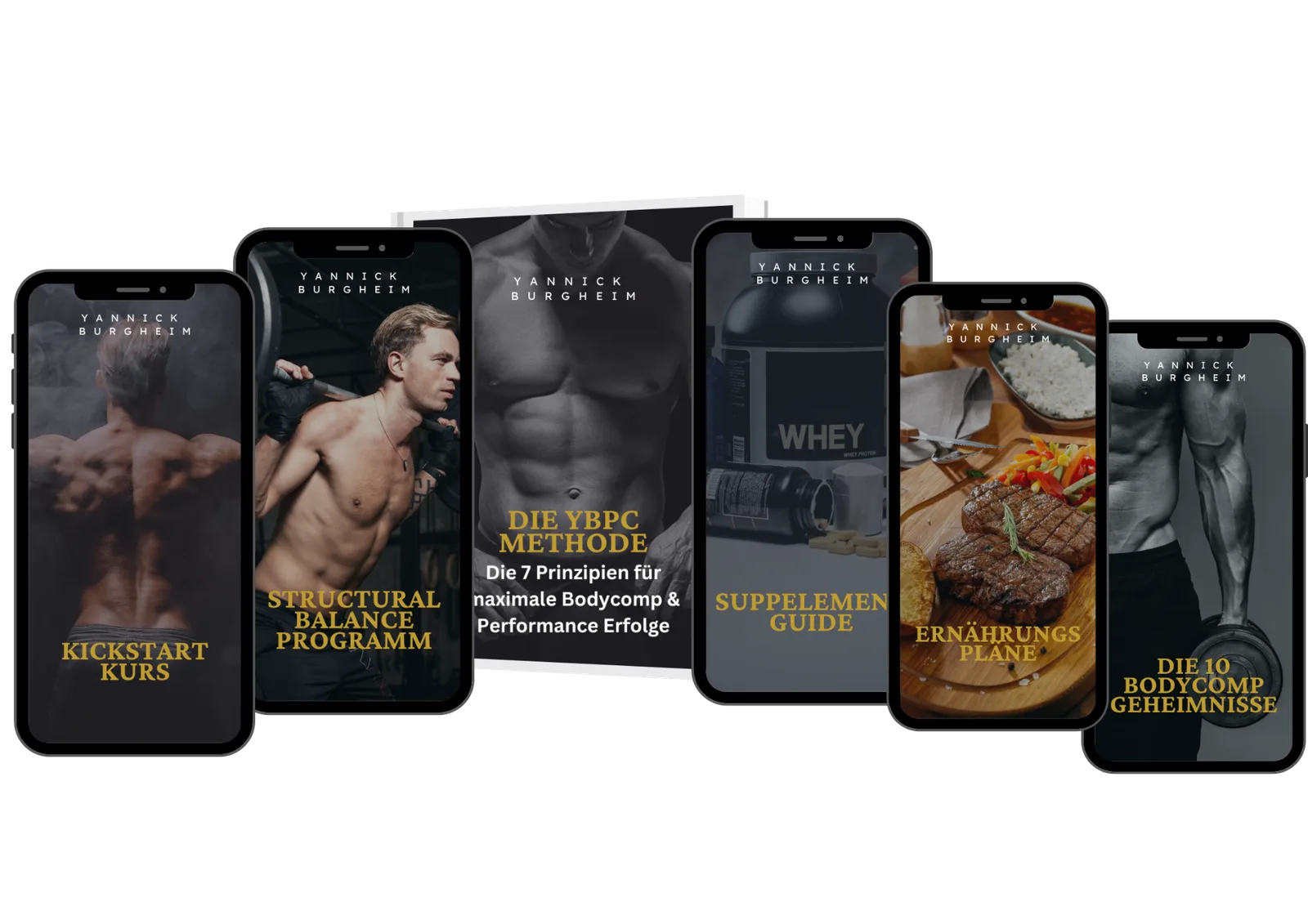 Cover Mock-Up YBPC Methode mit sechs Smartphone-Displays nebeneinander, verschiedene Kurse und Guides für Bodybuilding und Er