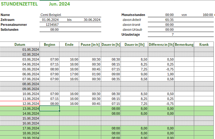Stundenzettel Juni 2024 mit täglichen Arbeitszeiten, Pausen und Zeitabweichungen