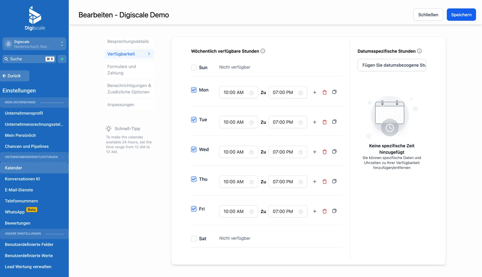 Digiscale Bearbeitungs-Interface für Geschäftszeiten mit wöchentlichen und datumsspezifischen Optionen