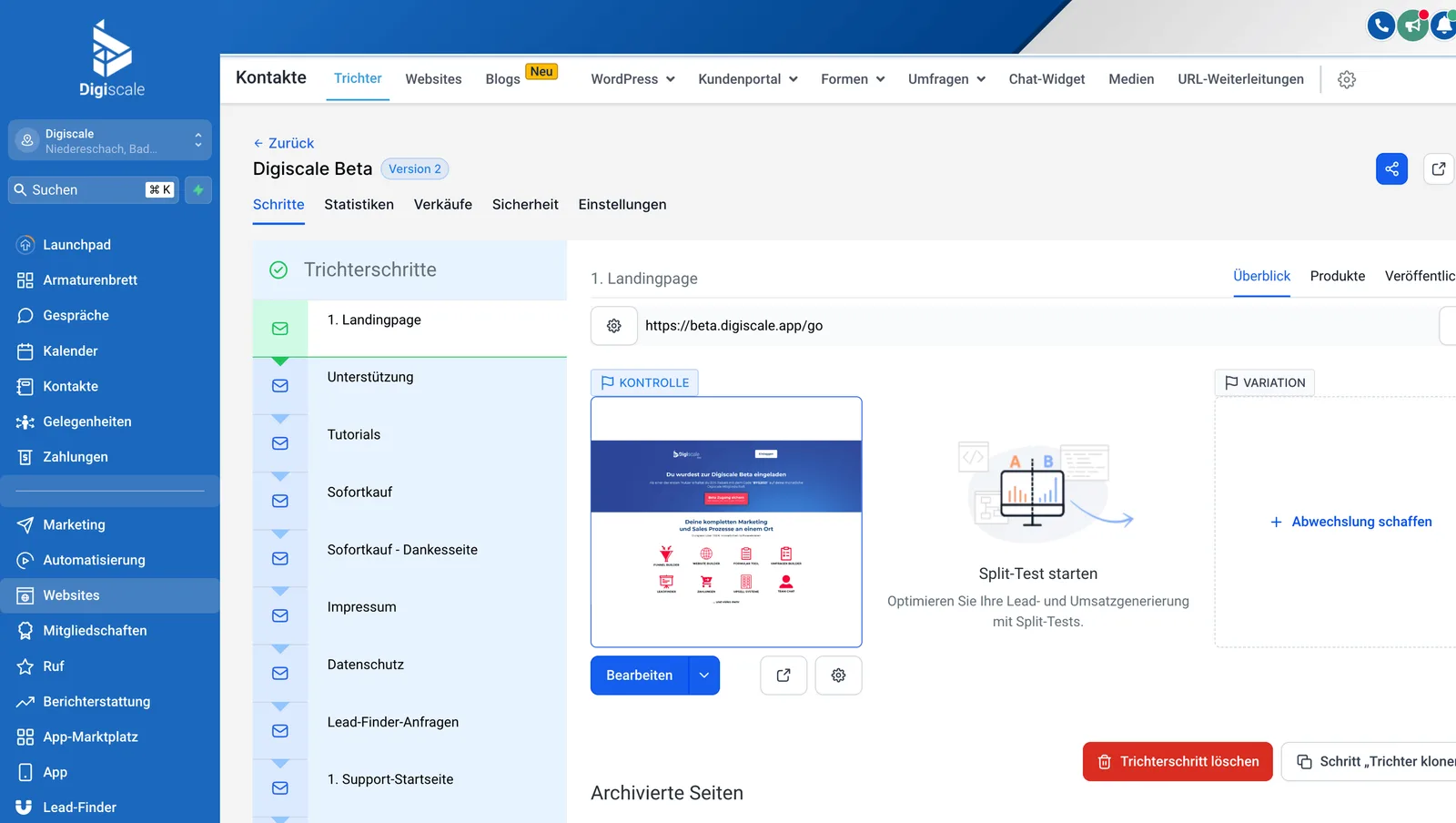 Digiscale Trichter-Editor mit Landing-Page, Unterstützung und Tutorial Seiten, Split-Test Funktion
