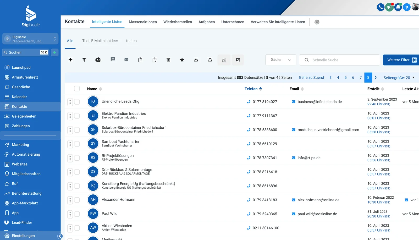 Digiscale Kontakte-Modul mit intelligenter Liste, Telefonnummern, E-Mail-Adressen und Filterfunktionen