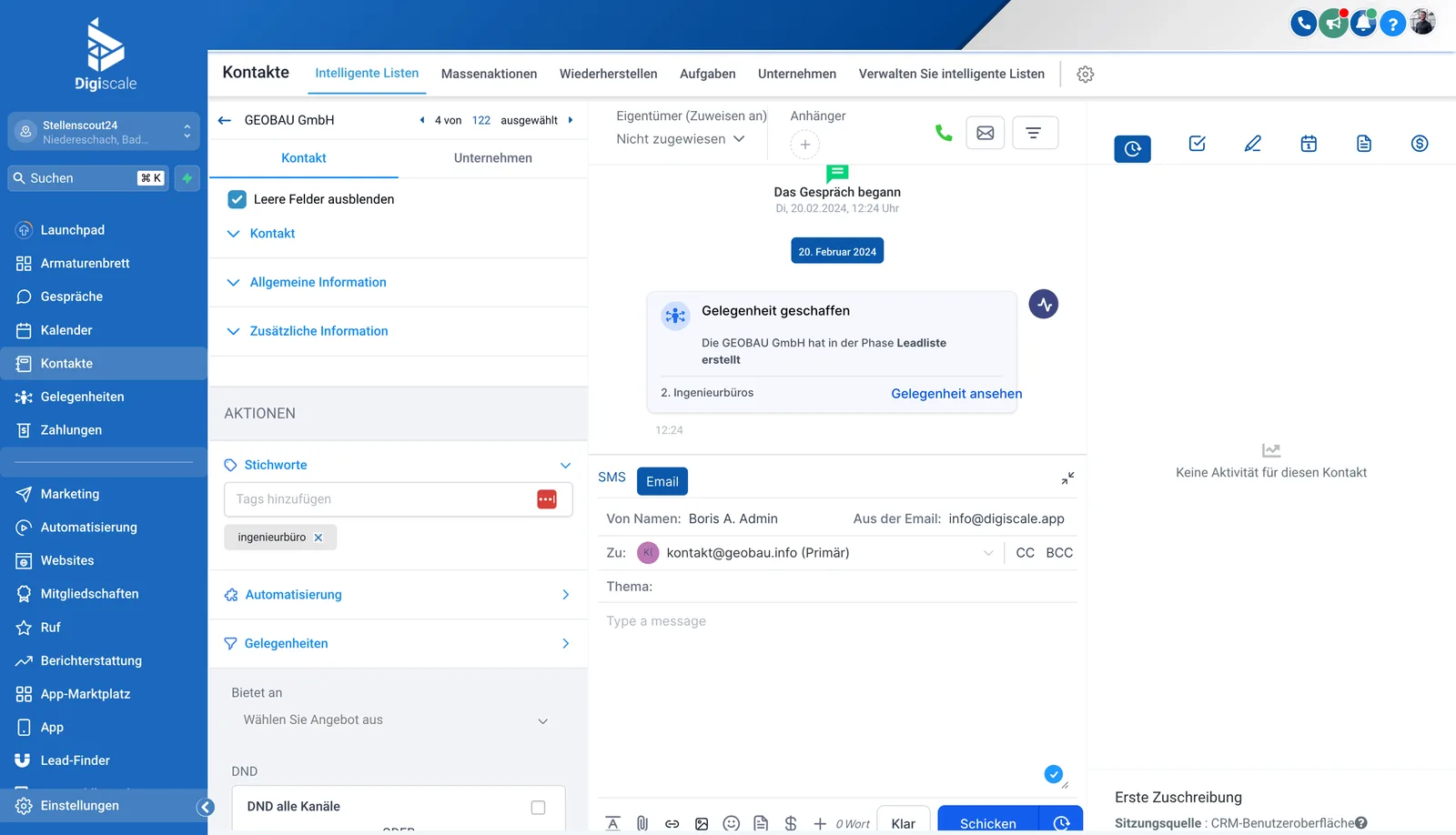 Digiscale Kontakt-Details mit Gesprächshistorie, E-Mail-Verfolgung und Automatisierungsoptionen
