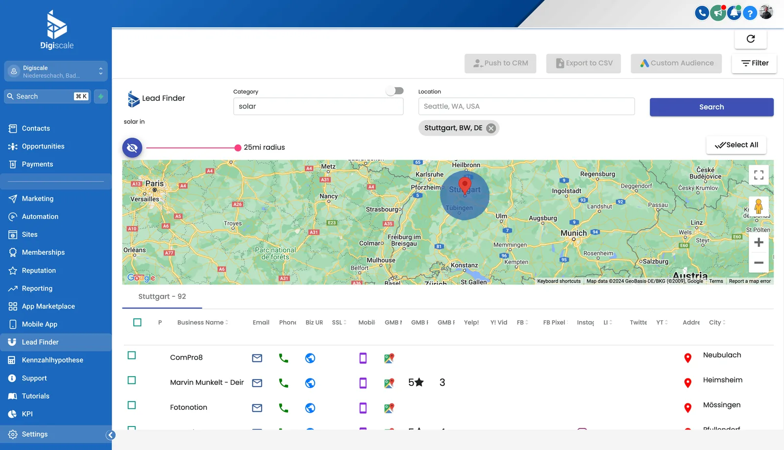 Digiscale Lead Finder mit geografischer Kartenansicht und Filteroptionen für Kontaktsuche
