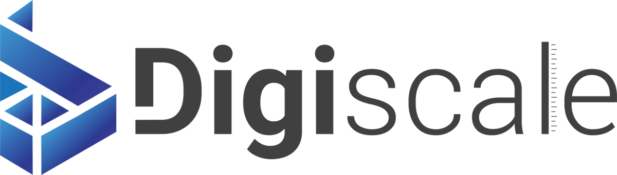 Digiscale Logo mit blauem 3D-Würfel und grauem Text auf weißem Hintergrund