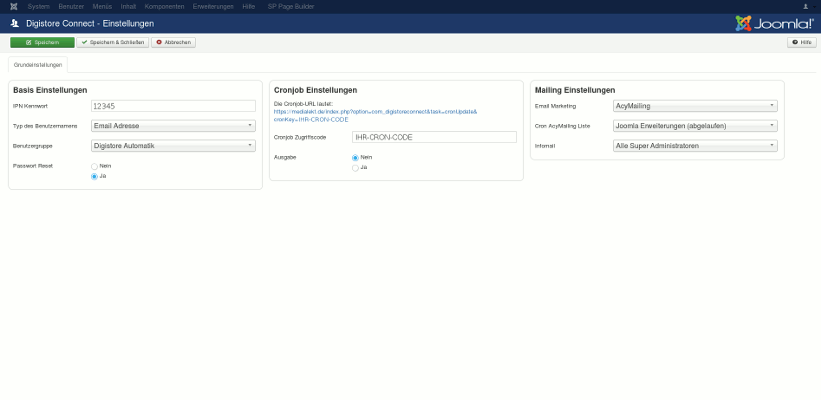 Einstellungsseite von Digistore Connect mit Basis-, Cronjob- und Mailing-Optionen