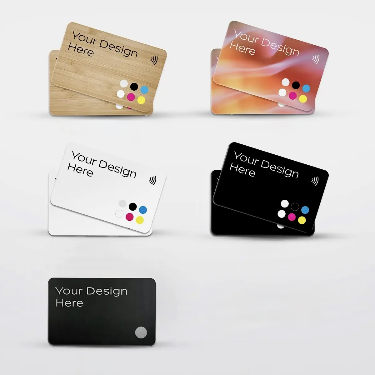 NFC-Visitenkarten in verschiedenen Materialien: Holz, Farbverlauf, Weiß, Schwarz