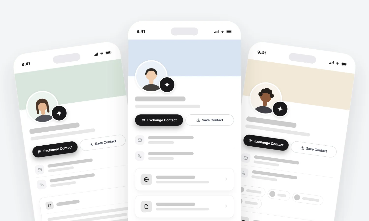 Drei Smartphone-Mockups mit angepassten Profilseiten in verschiedenen Farbdesigns