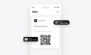 Smartphone-Mockup mit Wallet-Funktion, Google Wallet und Apple Wallet Integration, QR-Code