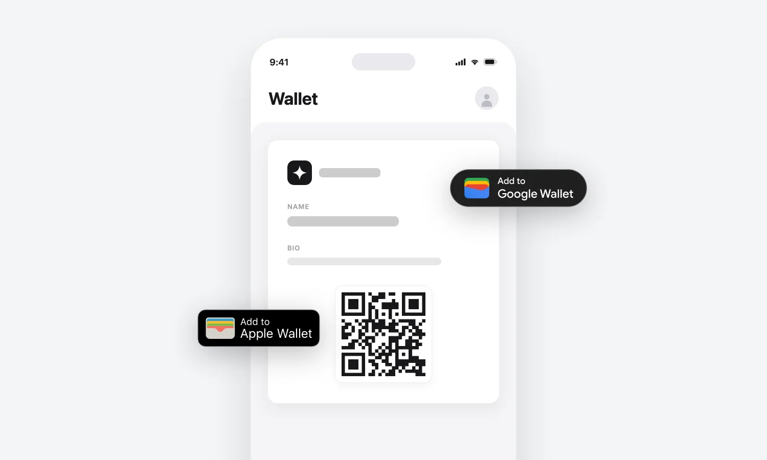 Smartphone-Mockup mit Wallet-Funktion, Google Wallet und Apple Wallet Integration, QR-Code