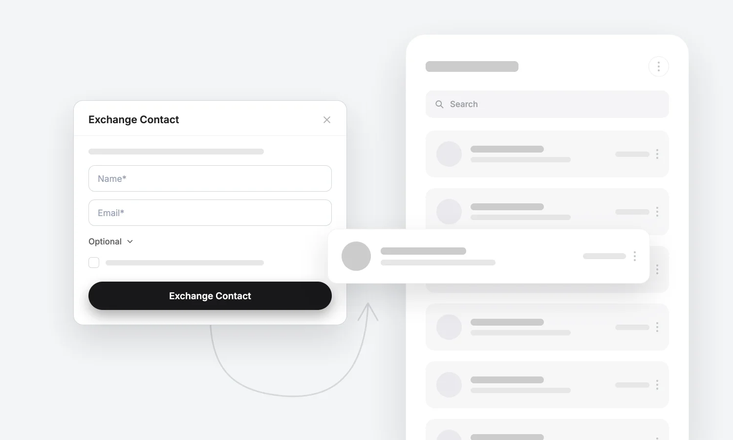 Dialog-Fenster Exchange Contact mit Formularfeldern Name, Email und Kontaktliste im Hintergrund