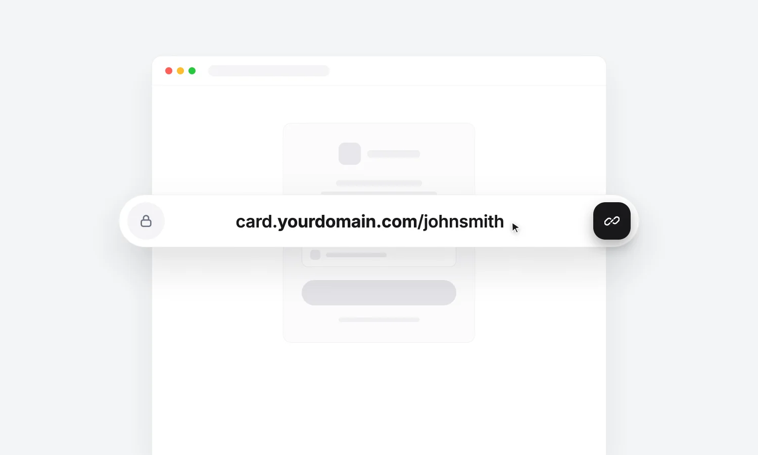 Browser-Fenster mit benutzerdefinierter Domain card.yourdomain.com/johnsmith in Adresszeile