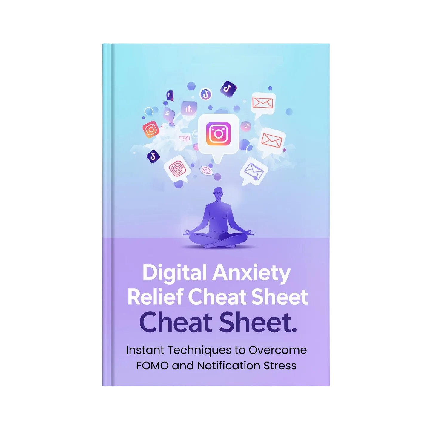 E-Book Cover Digital Anxiety Relief Cheat Sheet mit meditierender Figur und Social-Media-Icons