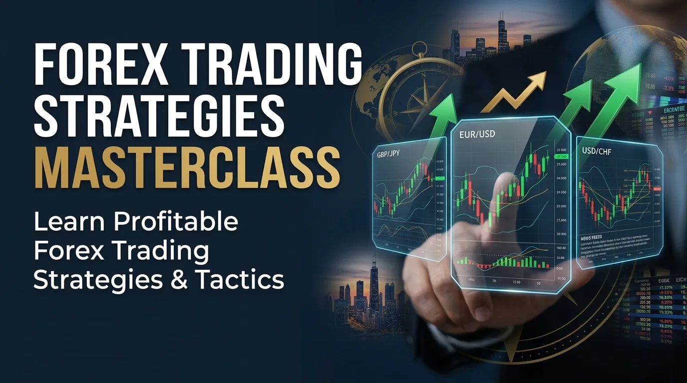 Banner mit Forex-Trading-Kurs und holografischen Charts, Stadtkulisse und Kompass