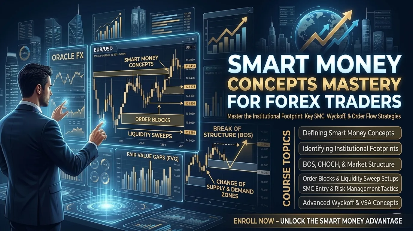 Infografik zu Smart Money Concepts für Forex-Trader mit Diagrammen und Fachbegriffen