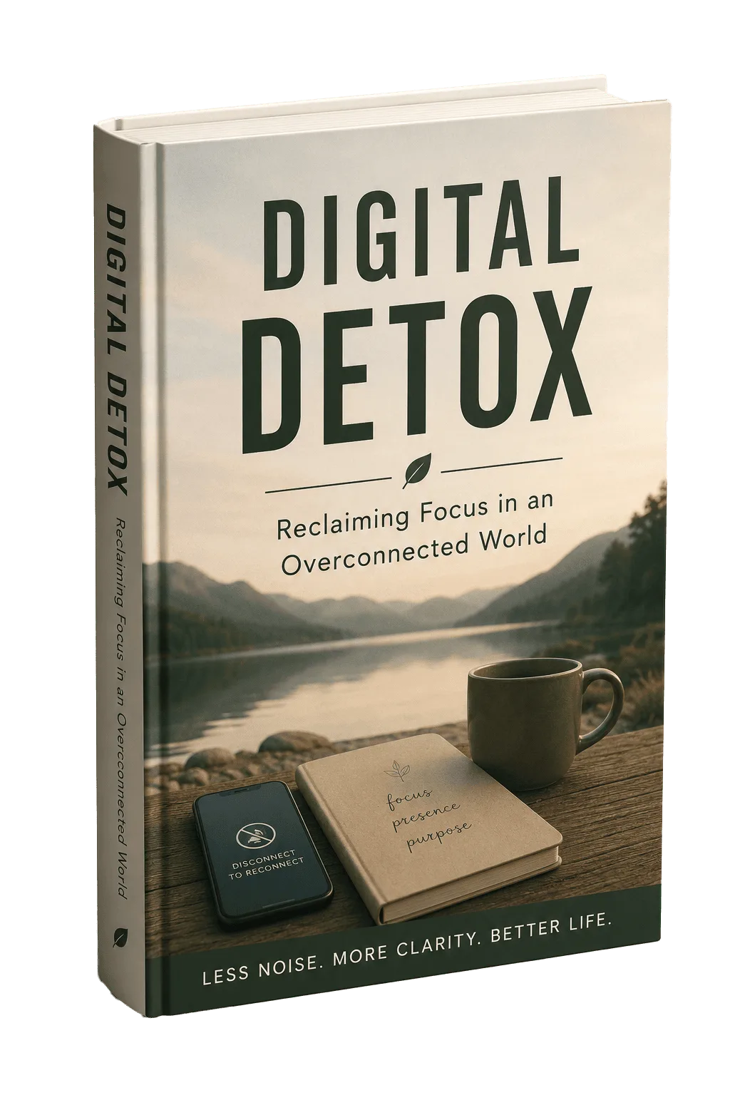 Digital-Detox-Ebook Cover mit Buch auf Holztisch, Smartphone, Kaffeetasse und Berglandschaft