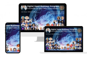 Digital Heart Business Kongress Promotional Mockup mit Smartphone, Tablet und Desktop auf nebeneinander liegenden Geräten