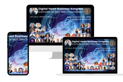Digital Heart Business Kongress Promotional Mockup mit Smartphone, Tablet und Desktop auf nebeneinander liegenden Geräten