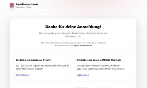 Danke-Seite mit zwei Call-to-Action Links für brandneues System und Affiliate-Strategie