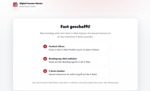 Bestätigungsseite mit Anleitung für E-Mail-Bestätigung und Download-Anleitung