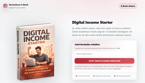 Landing-Page mit E-Book-Mockup Digital Income Starter und Anmeldungsformular