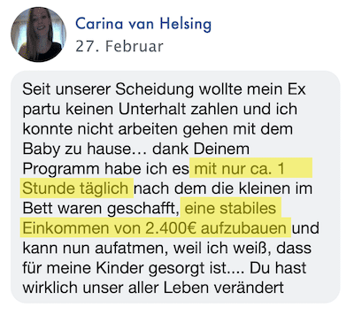 Facebook-Kundenstimme von Carina van Helsing vom 27. Februar mit Erfolgsgeschichte