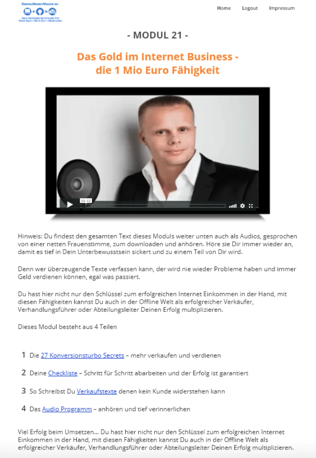 Screenshot Modul 21 Das Gold im Internet Business mit Video von Gunnar Kessler