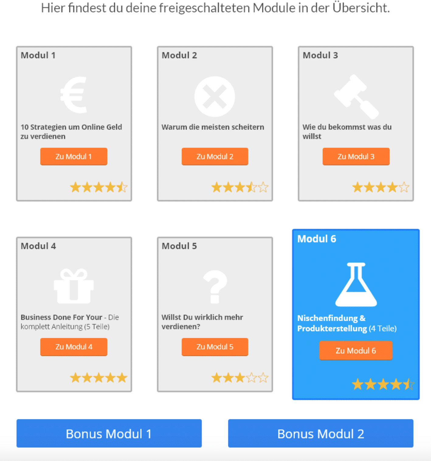 Modulübersicht des Digital Money Maker Club mit 6 Modulen und 2 Bonus-Modulen