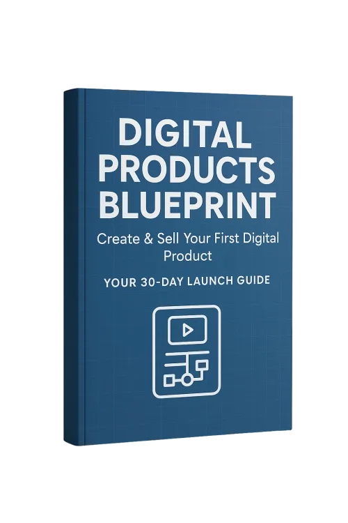 Digital Products Blueprint 30-Day Launch Guide E-Book Cover, blau mit weißer Schrift und Play-Button Icon