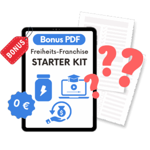 Bonus PDF Freiheits-Franchise Starter Kit auf Tablet mit roten Frage-Symbolen und kostenlosen Icons