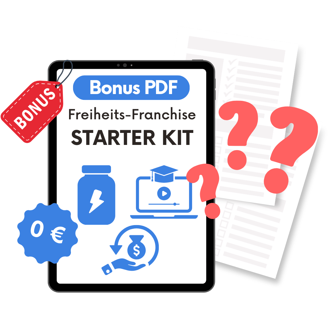 Bonus PDF Freiheits-Franchise Starter Kit auf Tablet mit roten Frage-Symbolen und kostenlosen Icons