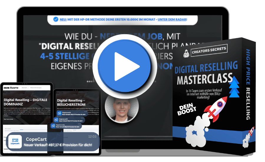 Digital Reselling Masterclass Produktmockup mit Laptop, Produktbox und Play-Button für Videovortrag