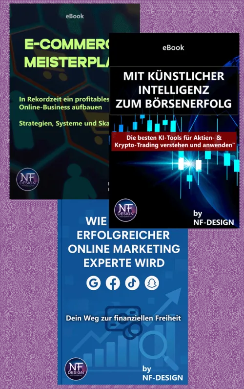 Digital Success Bundle – E-Books zum Online-Business 2 Digital Success Bundle Hero mit drei übereinander gestapelten eBook-Covers: E-Commerce Meisterplan, KI zum Börsenerfolg und O