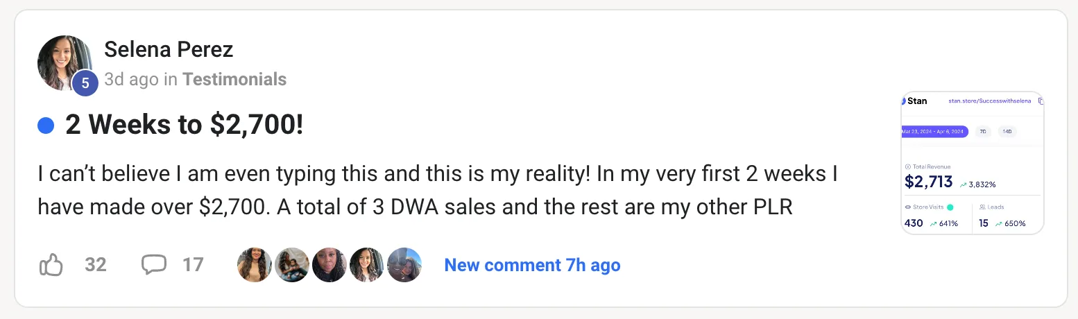 Testimonial von Selena Perez: 2.700 Dollar in zwei Wochen, Screenshot mit Store-Statistiken