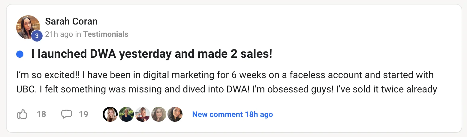 Testimonial von Sarah Coran: DWA Launch mit zwei Verkäufen am ersten Tag