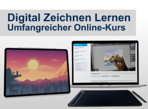 Hero-Grafik Digitales Zeichnen Online-Kurs mit Tablet, Laptop und digitalem Sunset-Artwork