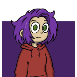 Cartoon-Charakter mit violetten Haaren in roter Jacke vor lila Hintergrund