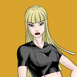 Comic-Porträt einer Frau mit blonden Haaren und dunklem Oberteil vor gelbem Hintergrund