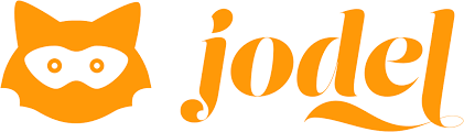 Jodel Logo mit orangefarbener Fuchs-Maske und kursivem Text