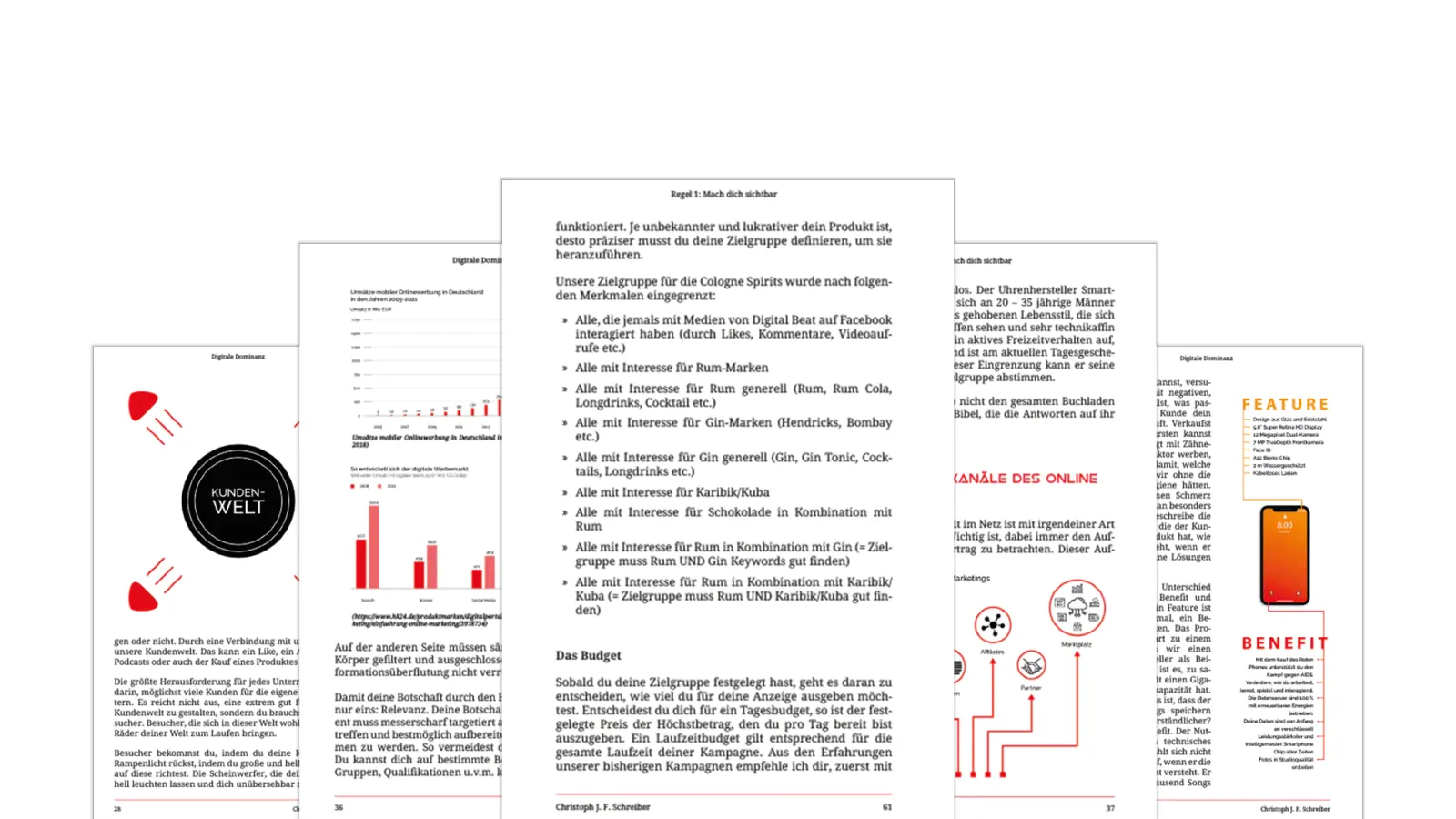 Einblicke in Buchseiten mit Grafiken, Texten und Feature-Abschnitt