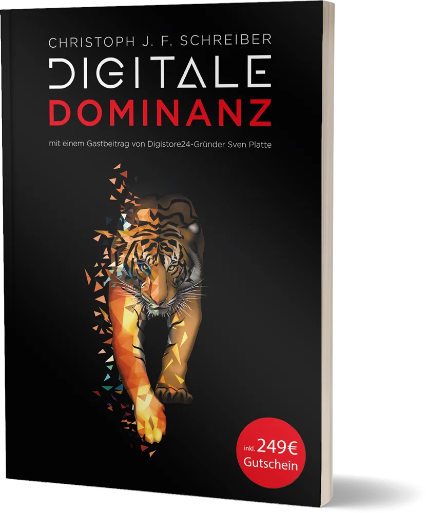 Buchcover Digitale Dominanz Masterplan von Christoph J. F. Schreiber mit Tiger-Grafik