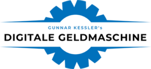 Produktlogo Digitale Geldmaschine mit blauem Zahnrad und Produkttext