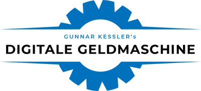 Produktlogo Digitale Geldmaschine mit blauem Zahnrad und Produkttext