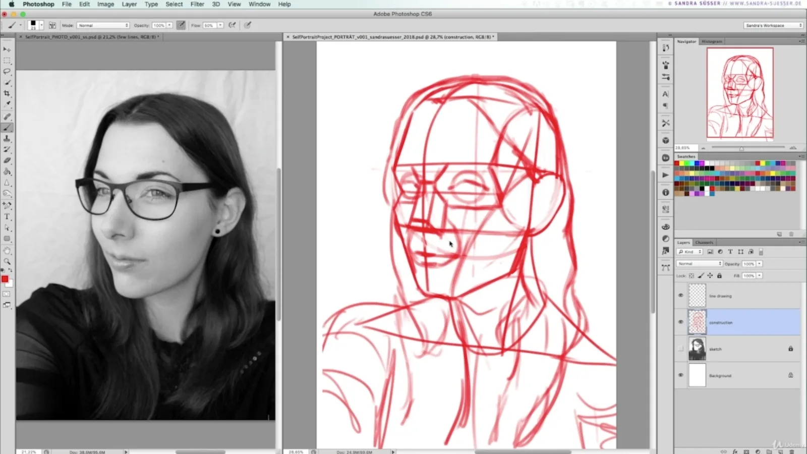 Screenshot der Photoshop-Arbeitsumgebung mit Portrait-Referenzbild und digitaler Zeichnung